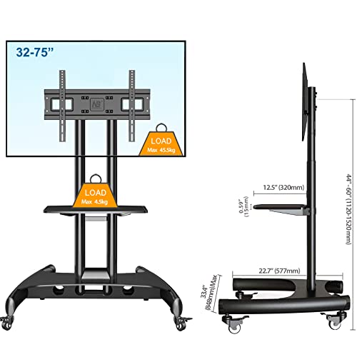 NB ERGONOMIC UL Listed Mobile TV Cart 32-75" TV Stand with Wheels, Black