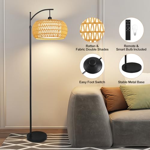 ZECOXOL Yellow Rattan Boho Floor Lamp with Remote & Dimmable LED, 12 Inch Shade