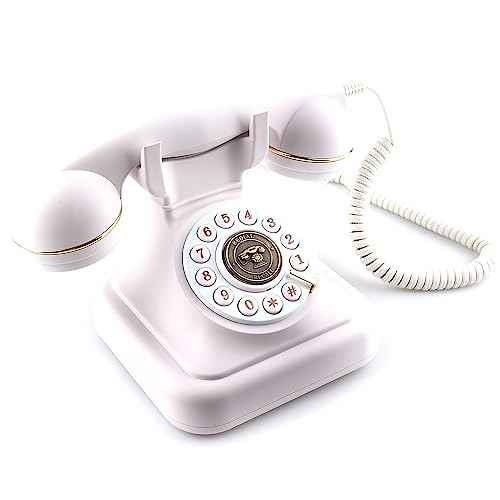 Old Fashioned Landline Phones with Classic Metal Bell, 1960s Vintage Corded Dial Phone Classic Old Fashion Telephones Wired Desk Telephone for Office and Home, White