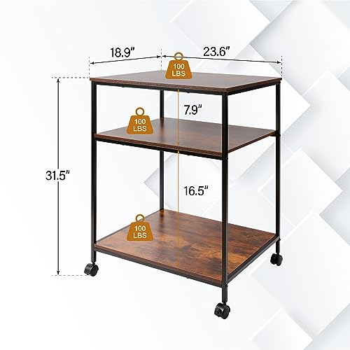 Sutex Large Printer Stand, 23.6" W x 18.9" D x 31.5" H Large Printer Table with Adjustable Storage Shelf, 3 Tier Rolling Printer Cart with Wheels for Home Office- Support 100 LBS Each Tier