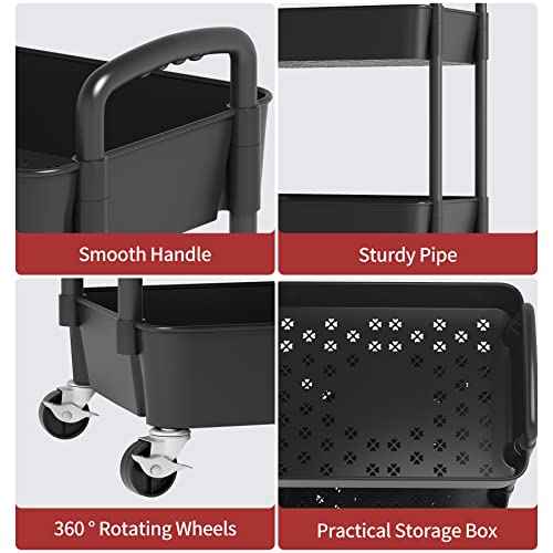Sywhitta 4-Tier Plastic Rolling Utility Cart with Handle, Multi-Functional Storage Trolley for Office, Living Room, Kitchen, Movable Storage Organizer with Wheels, Black