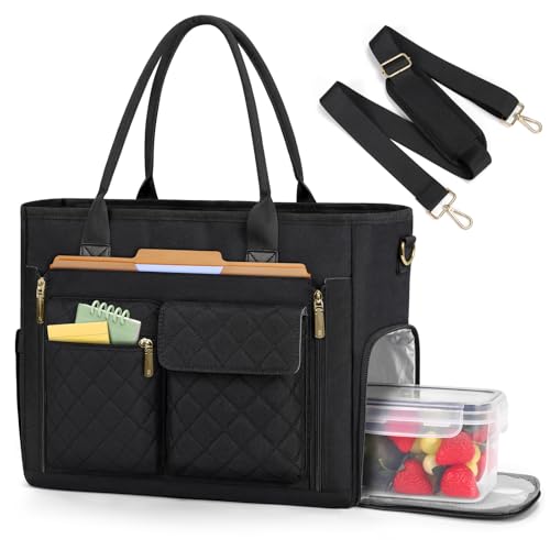 RAINSMORE Teacher Tote Bag with Insulated Lunch Compartment 15.6 inch Laptop Bag for Women Lightweight Work Bags Nurse Bags