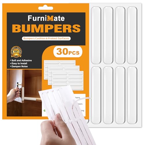 FURNIMATE 30pc Door Slam Silencers - Clear Cabinet Door Bumpers 2.5x0.4x0.08 in, Medium Thin (Self-Adhesive)