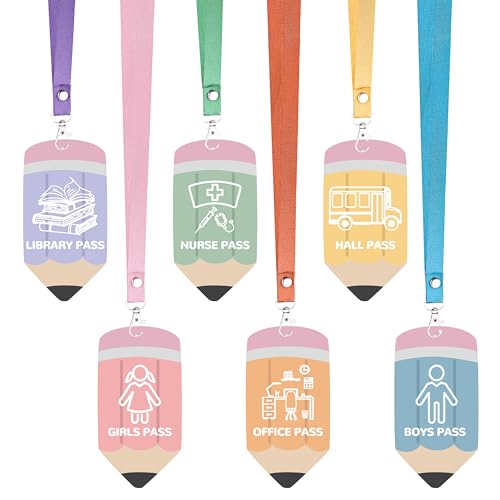 Chambom 6-Pack Wooden Classroom Hall Passes with Lanyards - Durable, Colorful School Passes for Bathroom, Library, Nurse & Office