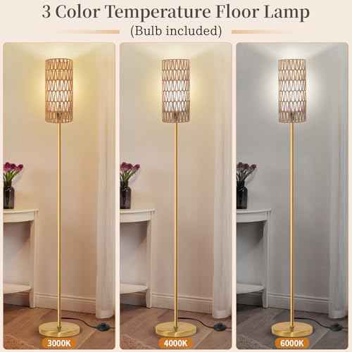 Floor Lamp for Living Room,Farmhouse Rattan Floor lamp,Modern Standing lamp with 3 Color LED Bulb,Gold Tall Lamp with Foot Switch