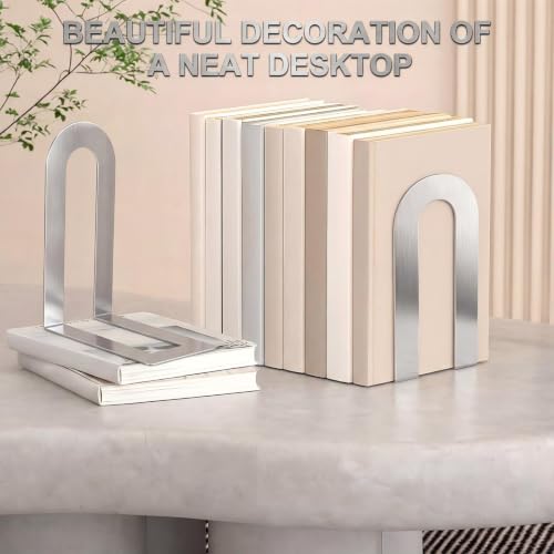 Chunful 2 Pcs Silver Metal Bookends - Modern U-Shaped Shelving Supports, 7.5 x 5.75 x 3.5 in
