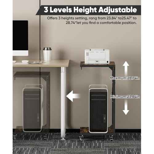 Computer Tower Stand, 2-Tier Metal CPU Holder Stand with Lockable Wheels, Adjustable Under Desk PC Shelf, Mobile Rolling Computer Cart for Home, Office, Gamers and Students, Black