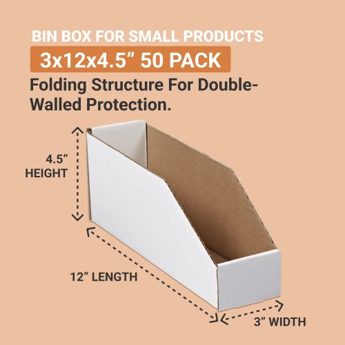 AVIDITI Corrugated Cardboard Storage Bins Holder 3" x 12" x 4.5" (50 Pack), Open Top Durable and Ideal for Organizing Parts Bin Work Areas Packing Moving and Storage - White, 50 Pack
