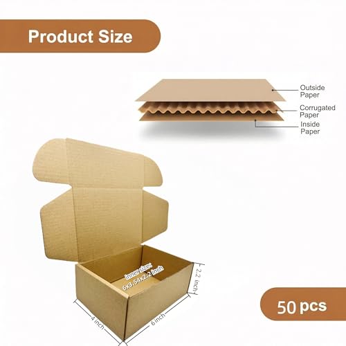 Yzjcafriz Kraft Small Shipping Boxes 6x4x2.2 Inches - 50 Pack, Corrugated Packing