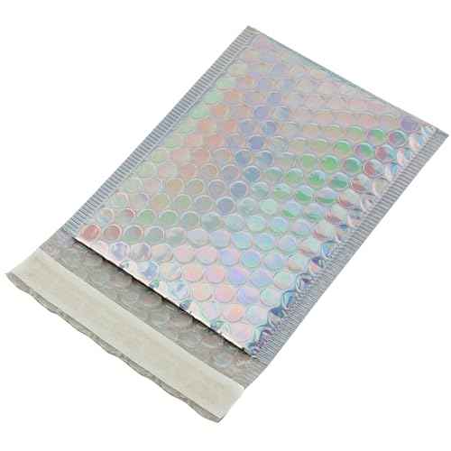 HOIGON 100 PCS 5 x 6 Inch Silver Metallic Bubble Mailers, Foil Glitter Poly Padded Mailing Cushion Envelopes, Holographic Self Seal Adhesive Shipping Bags for Mailing, Packing