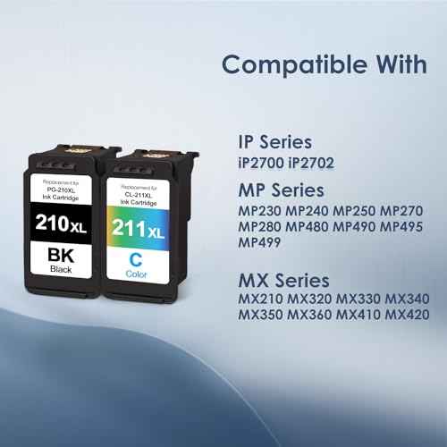 210XL and 211XL Ink Cartridges Replacement for Canon PG-210XL CL-211XL for Pixma IP2702 MX410 MP495 MP230 MP240 MP280 MX340 MX350 MX360 (1 Black 1 Tri-Color)