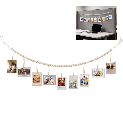 Office Cubicle Photo Display with 9 Wooden Clips & Fabric Hooks - Boho Desk Decor