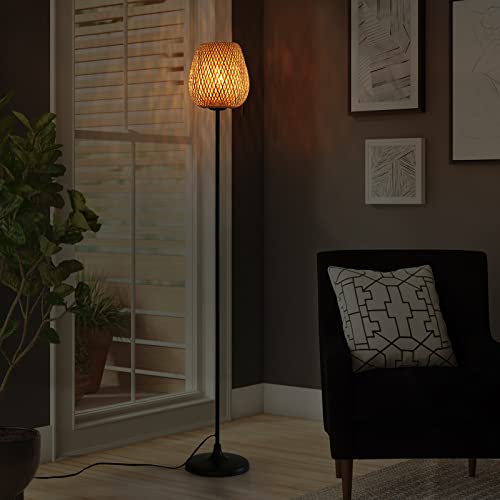 Bamboo Rattan Floor Lamp for Living Room, Boho Ambient Light Contemporary Plug in Cord Switch Standing Lamp Wicker Japanese Style E26 Lights for Bedrooms Living Room(Excluded Bulb)