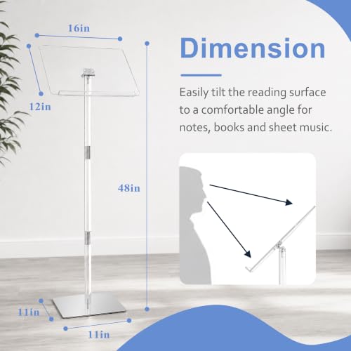 Koretech Clear Acrylic Podium Stand with Metal Base, 48in Tall, 16x12in Top - Lectern for Classroom & Events