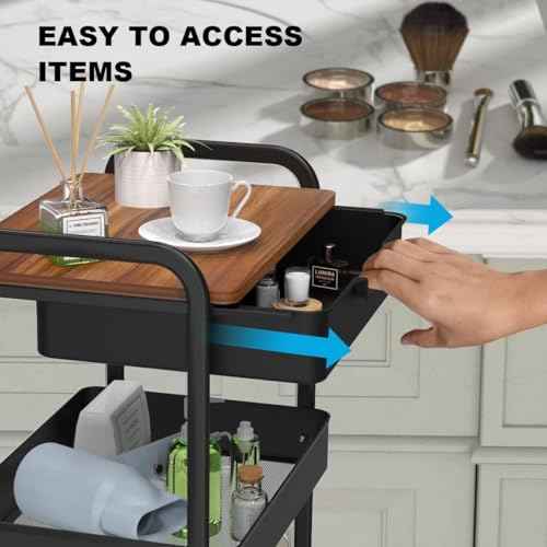 3 Tier Rolling Cart with Drawer, Metal Utility Cart on Wheels Storage Cart with Wood Top, Kitchen Cart Art Cart Organizer for Bathroom Office Balcony Living Room
