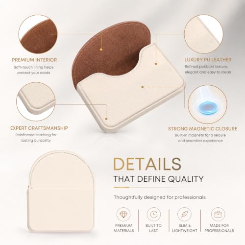 White PU Leather Business Card Holder with Blossom Cat Design - Slim Wallet