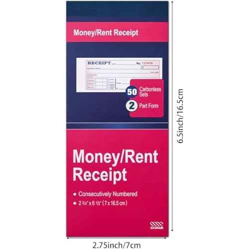 XKDOUS 2 Pack Money and Rent Receipt Book, 2-Part Carbonless, 2-3/4" x 6-1/2" Receipt Book for Small Business, 50 Sets per Book