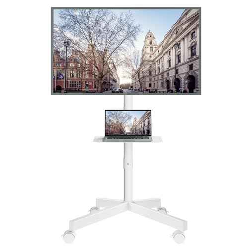 BONTEC Mobile TV Stand with Tilt Function, Rolling TV Stand for 23-60" LED, LCD, OLED TVs, Holds up to 88lbs, Max VESA 400x400mm, Adjustable Media Shelf (White, 17.1x15.1x53.1 in)