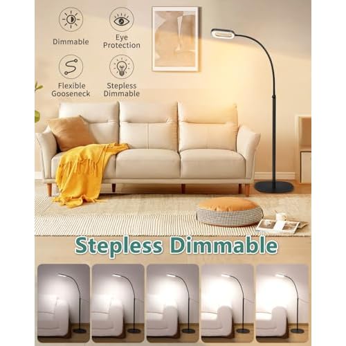 10X Rectangle Magnifying Glass with Light and Stand, 24" Flexible Gooseneck 3-in-1 Floor Lamp, 5 Color Modes Stepless Dimmable, LED Lighted Hands Free Magnifier for Reading Crafts Painting Close Work