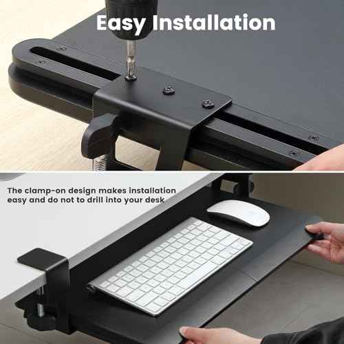 Keyboard Tray Under Desk, Slide Out Computer Keyboard & Mouse Tray with C Clamp-on Mount Easy to Install,24" W£¨Including Clamps£© X 12"D Small Size,Black