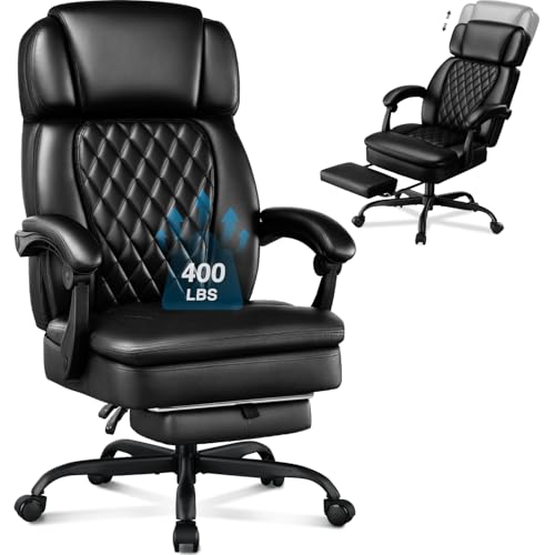 400lbs Executive Office Chair with Foot Rest for Heavy People, Ergonomic Big and Tall Desk Chair with Adjustable Headrest, High Back PU Leather Comfy Heavy Duty Computer Chair