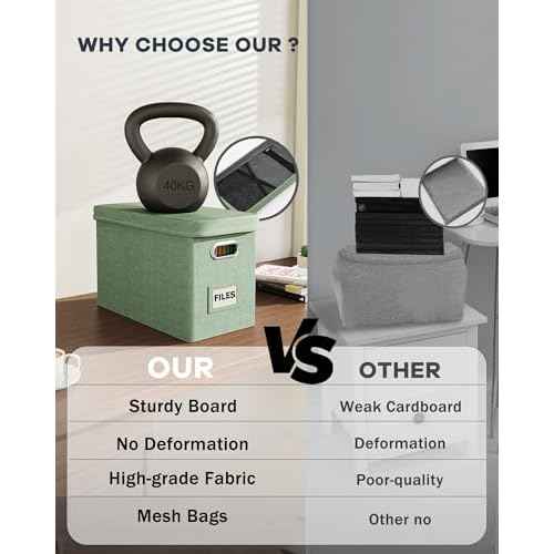 Oterri File Organizer Box with Lid, Hanging Filing File Box with Mesh Pocket, Document Organizer Box for Letter Files, Portable Storage Box(1 PCS, Green)