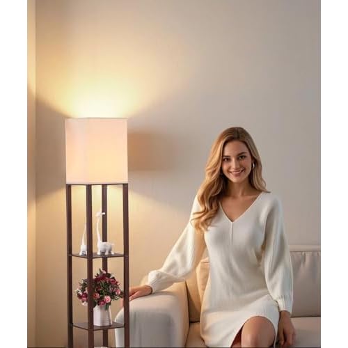 HomeFocus - LED Floor Lamp with Shelves,Floor Lamp with USB Charging,Shelf Floor Light,Corner Display Lamp for Living Room,Bedroom and Office,Wood,Brown.