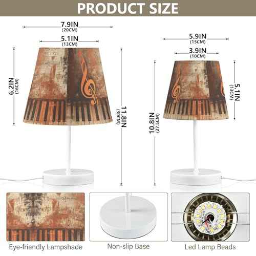 Modern 3 Colors Dimmable LED Table Lamp, Grunge Musical Background Notes Linen Shade 10.8" Bedside Nightstand Light with USB Port Gift for Home Desk Bedroom Room Cafe