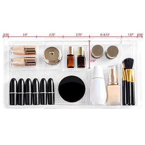 Oubonun Expandable Drawer Organizer 11.1¡± to 19.2¡± Width, Shallow Cosmetic Organizer 1.3¡± Height, 2 Packs, Clear Plastic Storage Trays for Dressing Table,Bathroom