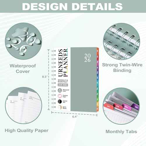 2026 Planner - 2026 Planner Weekly and Monthly from Jan. 2026 - Dec. 2026, Calendar Planner 2026 with Monthly Tabs, Inner Pocket, 8.5" x 6.4"