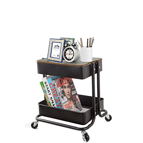 Melody House 2-Tier Metal Utility Rolling Cart Storage Organizer with Cover Board Mobile Trolley Sofa Side Table with Wheels for Office Home Kitchen Organization Black