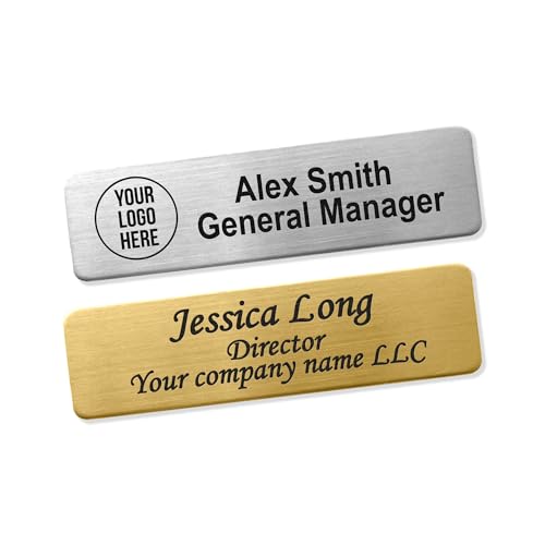 MIA·MIA Custom Engraved ID Name Tag Tag with Text & Logos – Only Text Variation, Metal or Acrylic, Front Pin or Magnetic Backing