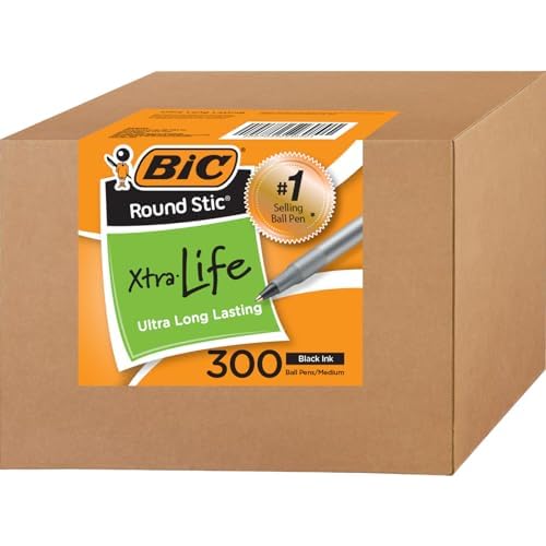 BIC Round Stic Xtra Life Ballpoint Pens, Bulk Pack of Black Ink Pens, Medium point 1.0 mm, Pack of 300