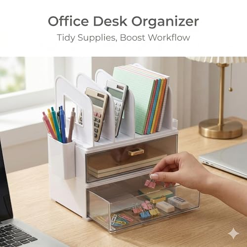 Desk Organizer with 4 File Slots, 2 Drawers, White | CiWiVOKi