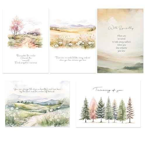 Sympathy Cards with Envelopes, Watercolor landscape Design Sympathy Cards Set of 20, Condolence Card with Matching Peel-and-Seal Rustic Envelopes, Each Card Comes with Heartfelt Condolences
