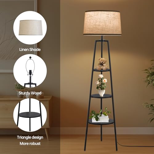 3 Tier Shelf Floor Lamps for Living Room, Modern Standing Lamp with 3 Color Temperature Led Bulb, Tall Lamps for Bedroom and Office, Black