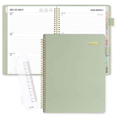 SUNEE 2026 Weekly & Monthly Planner 9"x11.2"- 12 Month (January 2026 - December 2026), Vegan Leather Cover, Pocket, Bookmark, Notes, Monthly Tab, Sage Green