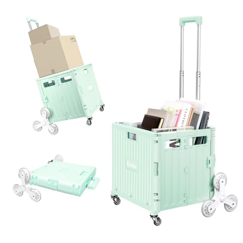 Foldable Rolling Crate for Stair Climbing : Utility Cart for Grocery File Office Book (Light Green)