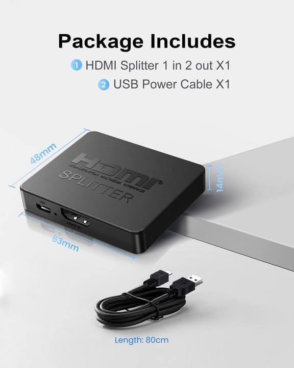 **HDMI Splitter - 4K Dual Output for Mirroring - Connects 2 Screens (Requires 5V 1A Power)**