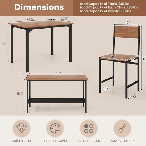 NAFORT Brown 4-Piece Industrial Dining Set with Bench – 43.5''L x 27.5''W, Rustic Wood & Black Metal