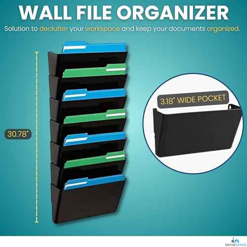 Hanging Wall File Organizer, Wall Mounted File Holder, Letter Size, 7 Pocket, Expandable, Black