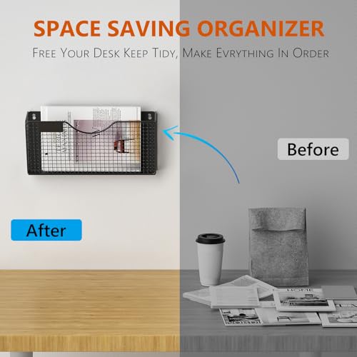 MFTEK Magnetic File Holder, 4 Pockets Magnetic File Folder Holder No Drilling Magnet Paper Mail Organizer Magazine Basket, Hanging Wall Storage Rack for Fridge Cabinets Office Classroom