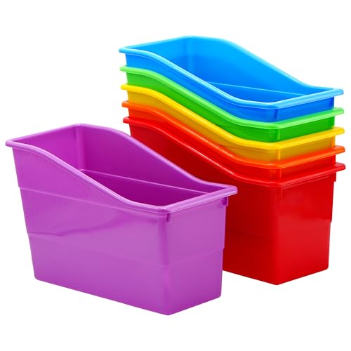 4E's Novelty 6 Durable Book and Binder Holder, Files Book Bins for Classroom, Plastic Vertical Storage Book Organizer Folder Office Classroom Organization Containers Supplies (Rainbow)