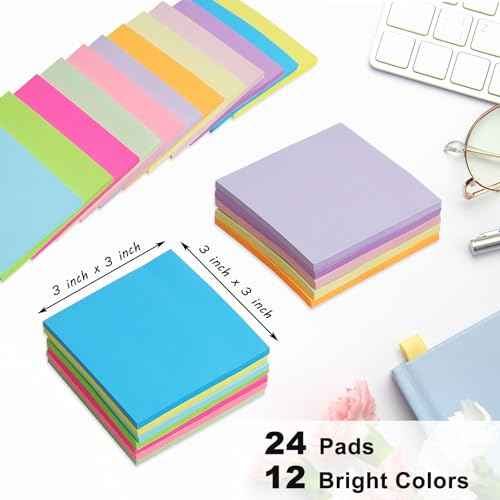 (24 Pack) Sticky Notes 3x3 in Post, 12 Bright Colors Sticky Note Self-Stick Notes Pads,Strong Adhesive, Easy to Post for Home, Office, Notebook