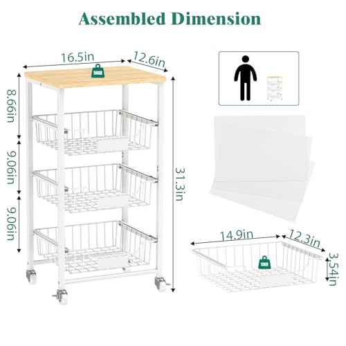 Fruit Vegetable Basket for Kitchen Pantry Storage Organizer, 4-Tier Metal Utility Kitchen Rolling Cart on Wheels with Drawer Rack and Wood Top for Potatoes Onions
