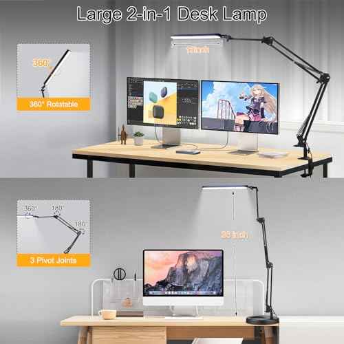 NOEVSBIG LED Desk Lamp with Clamp,2-in-1 Clamp on Desk Lamps with Base,50.7" Adjustable Swing Arm Architect Desk Lamp,Memory Function Desk Lights for Home Office,Workbench,Reading,Craft,Drafting