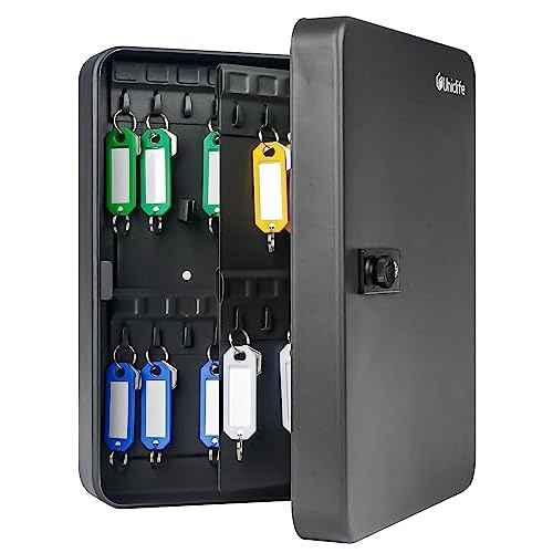 Uniclife 60 Position Key Cabinet with Combination Lock Resettable Black Digital Security Storage Box Steel Key Organizer with Colorful Large Key Tag Labels Stickers and Hooks