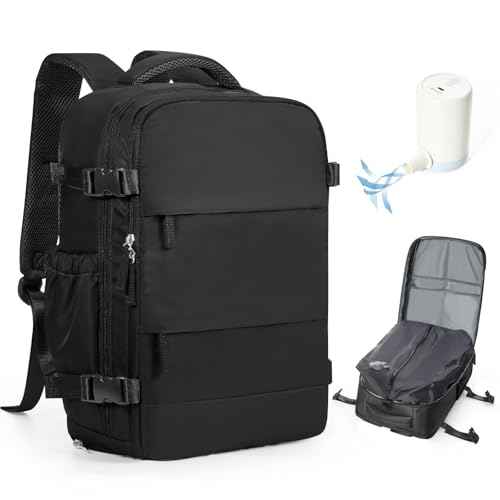 Vacuum Backpack Travel with Pump,Travel Backpack with Vacuum System, Shoe Compartment, United Airlines Personal Item Bag 17x10x9,Mochila compresion al vacio,Black