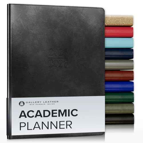 Gallery Leather Academic Planner 2025-2026, Teacher and Student Weekly Monthly Planner, Elegantly Bound Calendar with Gold-Gilded Page Edges, 18 Months - Acadia Black - 9x7"