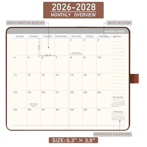 2026-2028 Monthly Pocket Planner - 3 Year Calendar, Faux Leather Cover, JAN 2026 - DEC 2028, 3.8" ¡¿ 6.3", Pen Holder, 2 Bookmarks, Back Pocket